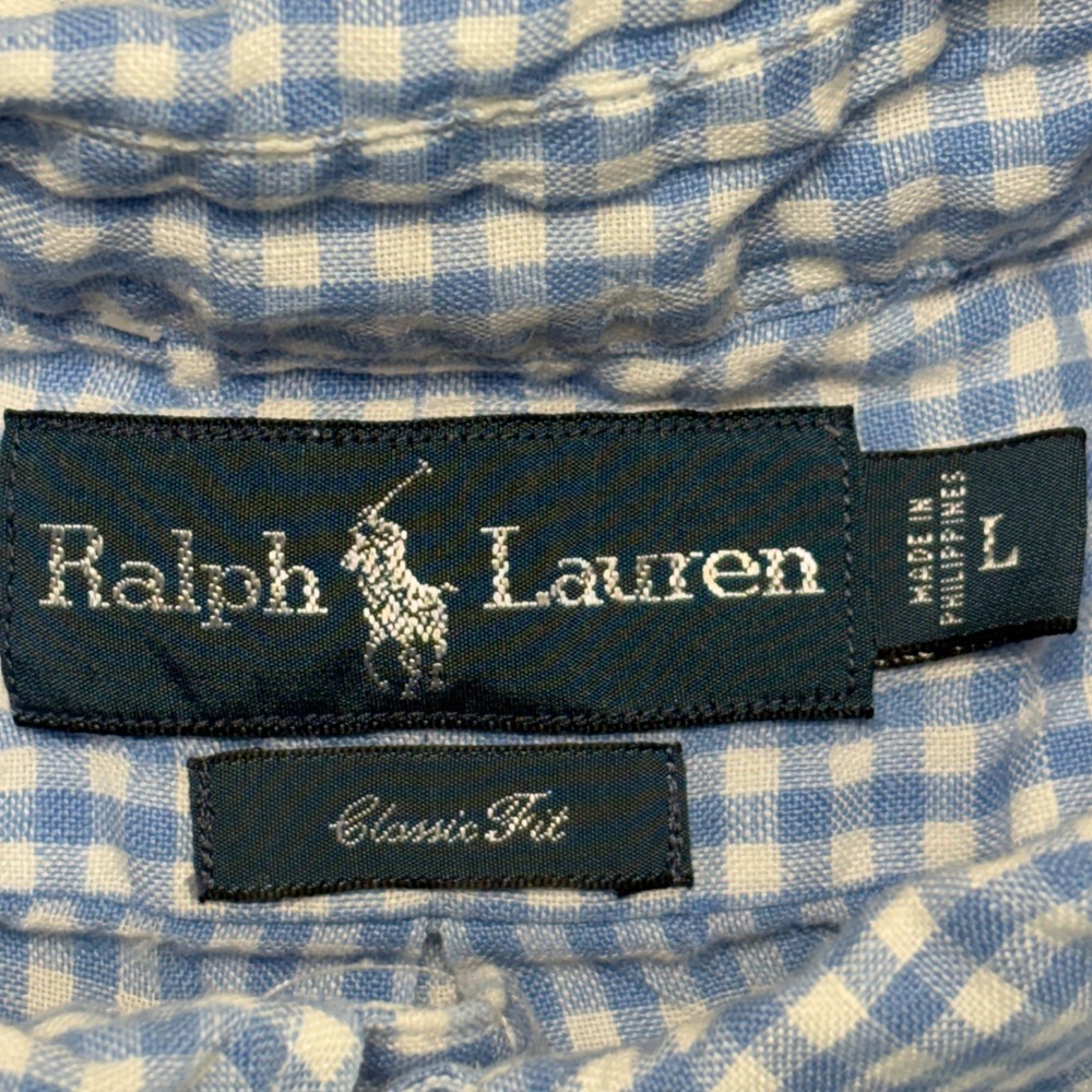 Polo Ralph Lauren Mens Classic Fit 100% Linen Gingham Seersucker Shirt Blue L - Picture 3 of 7